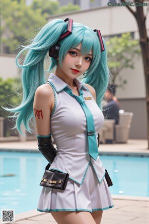 A woman with long blue hair wearing a white dress and headphones.