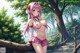 Anime girl in a pink bikini posing on a tree branch.